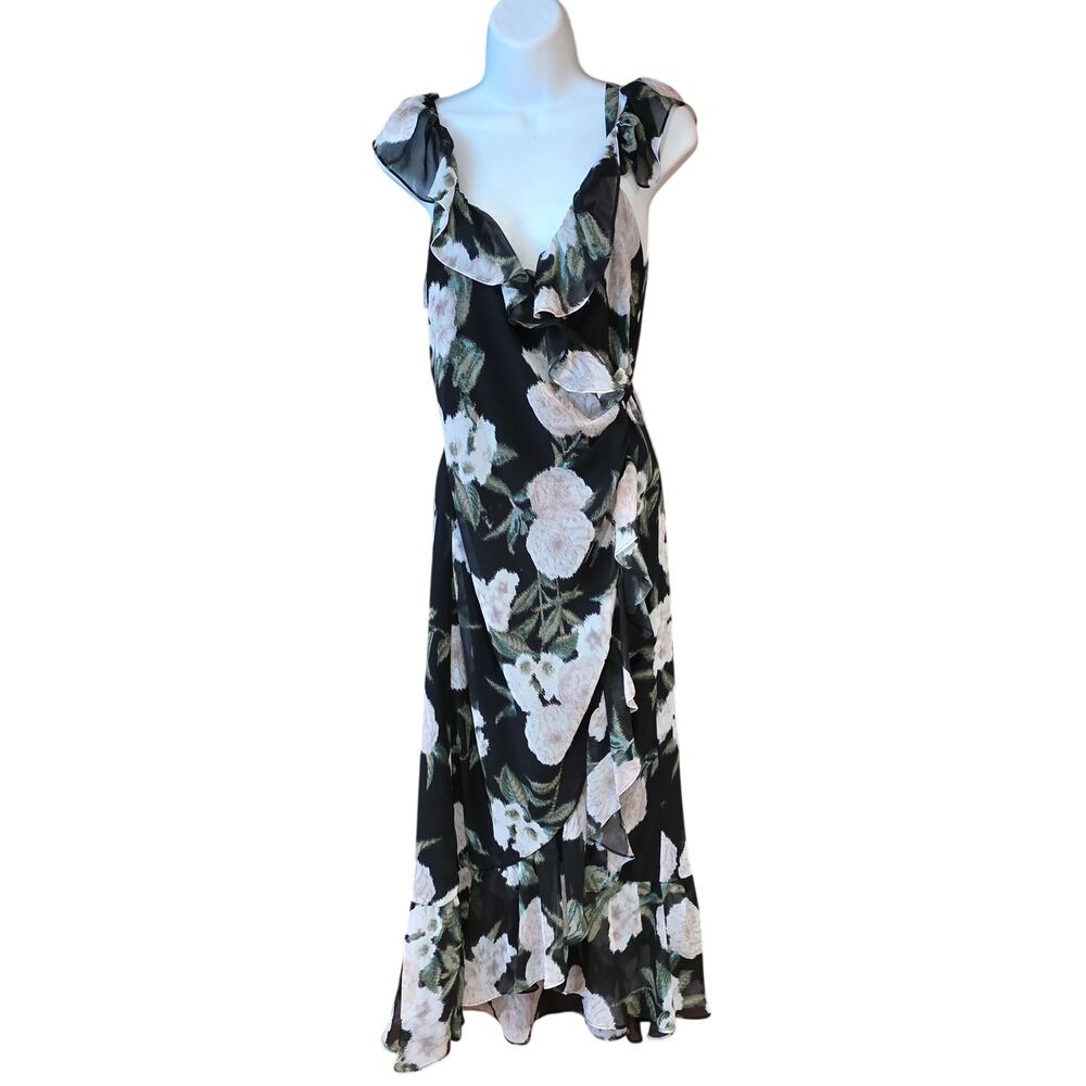 Chelsea28 black Flounce Wrap floral Midi Dress sz XS